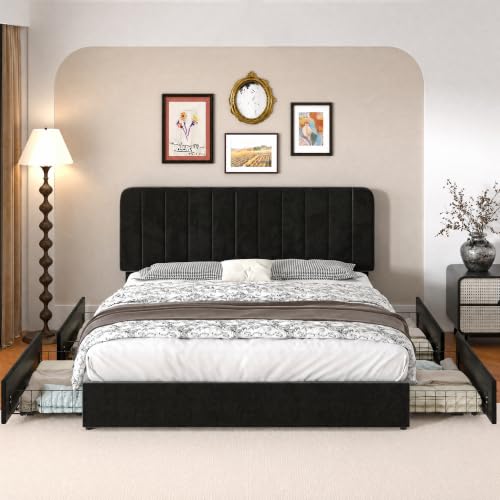 VECELO Queen Size Upholstered Bed Frame with 4 Drawers and Headboard, Velvet Platform Storage Bedframe, Wooden Slats Support, No Box Spring Needed,Black - color: Black, size: Queen, style: Bed Frame with Drawer