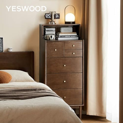 100% Solid Wood Nightstand, 6 Drawer Walnut Side Table with Open Shelve, Tall Nightstand for Small Spaces, Living Room, Bedroom, Hallway(Walnut, 19" W x 15" D x 47" H) - color: Walnut, size: 47" H