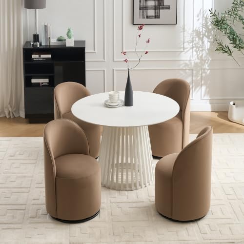 Penau Swivel Dining Chair, Velvet Barrel Seat, Brown | Velvet Upholstery, 360 Degree Swivel, Curved Backrest, Compact Seating For Dining Room And Vanity