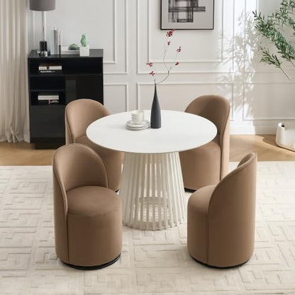 Penau Swivel Dining Chair, Velvet Barrel Seat, Brown | Velvet Upholstery, 360 Degree Swivel, Curved Backrest, Compact Seating For Dining Room And Vanity