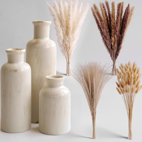 Pampas Grass with Vase Set – 3 Beige White Ceramic Vases with Natural Dried Pampas, Bunny Tails & More – Neutral Farmhouse Decor for Fireplace, Home, Mantel, Entryway, Kitchen & Boho Table Centerpiece