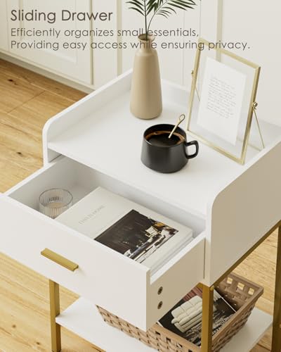 Masupu Nightstand,3-Tier Modern Bedside Night Stand with Storage Drawer and Shelf,Small End Side Table for Bedroom,Living Room,White (Without Outlet, White) - color: White Without Outlet