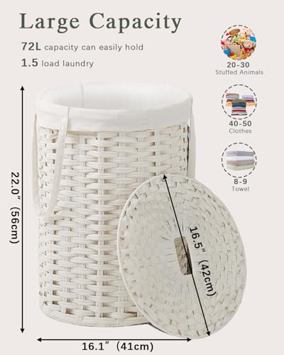 SETVSON Laundry Hamper with Lid Laundry Basket with Lid 72L, White | 19 Gal Round PE Rattan Hamper with Lid, Removable Washable Liner Bag, 2 Mesh Wash Bags, Steel Frame, Handles - color: White, size: 72 L