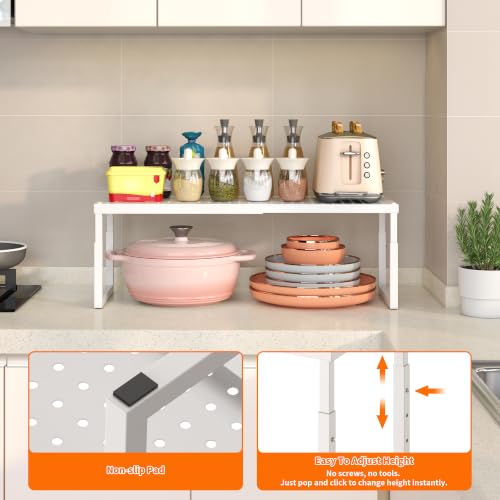 Shelf Organizer Riser For Cabinet Pantry Kitchen Countertop Cupbaord Closet | Expandable Width, Adjustable Height, Stackable As 2-Tier Shelf Rack, Snap-Button: Easily Adjust Height, Heavy Duty Metal - color: White-1 Pack