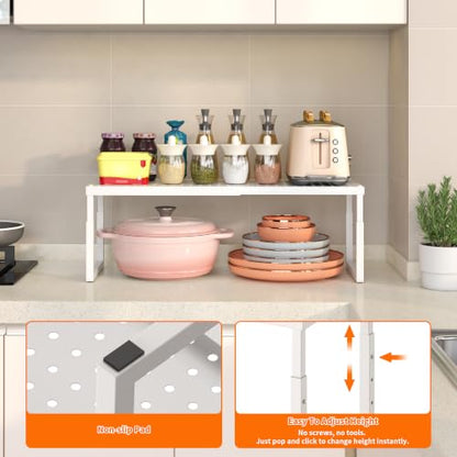 Shelf Organizer Riser For Cabinet Pantry Kitchen Countertop Cupbaord Closet | Expandable Width, Adjustable Height, Stackable As 2-Tier Shelf Rack, Snap-Button: Easily Adjust Height, Heavy Duty Metal - color: White-1 Pack