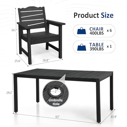 7-Piece Patio Dining Set, 63" Outdoor Dining Rectangle Table w/Aluminum Frame and 6 Chairs, Weatherproof HIPS Dining Furniture with Umbrella Hole, for Backyard Garden Deck Poolside, Black - size: 7pcs set