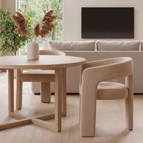 HNY Modern Velvet Barrel Single Dining Chair, Khaki | Upholstered Accent Armchair With Wide Seat Stylish Design For Living Room Bedroom Vanity And Small Spaces - color: Khaki Velvet
