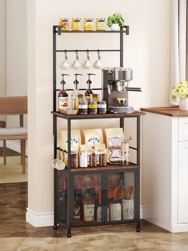 SWTYMIKI Coffee Bar Station for Space - 20.4 x 14.25in Espresso | Unique Double Mesh Enclosed Cabinet Doors + 6 Mug Hooks Multi-Purpose Microwave Stand, Buffet Cabinet Storage Rack - color: Espresso