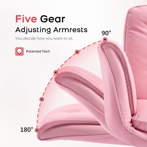 amseatec Criss Cross Office Chair, Swivel Makeup Vanity Chair with Wheels | Wide PU seat supports cross-legged, fidget-friendly sitting; 5-level armrests create pet space; wipe-clean finish eases care - color: Pink