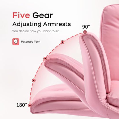 amseatec Criss Cross Office Chair, Swivel Makeup Vanity Chair with Wheels | Wide PU seat supports cross-legged, fidget-friendly sitting; 5-level armrests create pet space; wipe-clean finish eases care - color: Pink