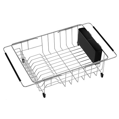 Expandable Multifunctional Dish Drying Rack, Over The Sink, in Sink Or On Counter Dish Drainer Basket Shelf with Black Utensil Silverware Holder, Rustproof Stainless Organizer - color: Black
