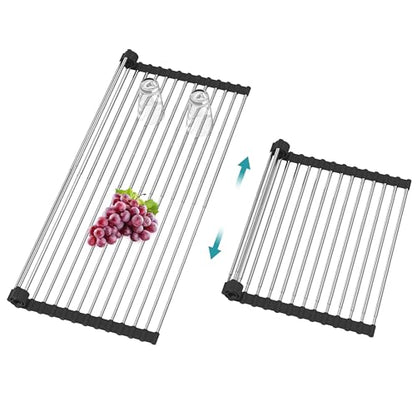 Extra Large Expandable Roll Up Dish Drying Rack,Over The Sink Drying Rack Sink Cover Kitchen Sink Accessories Kitchen Rolling up Stainless Steel Drainer, Foldable,Rollable（Black，22.8''-12.4''） - color: Black