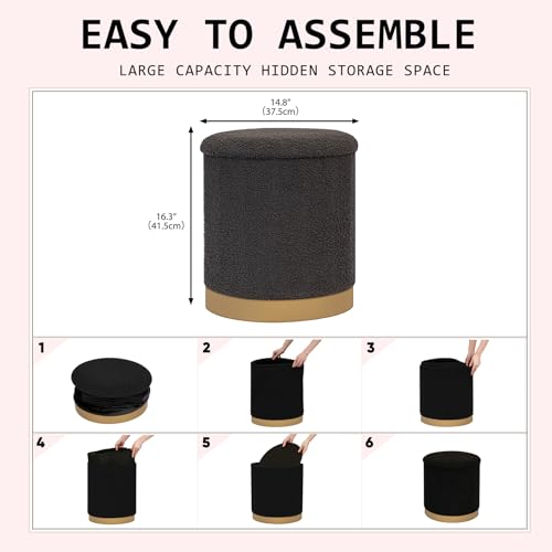 Round Storage Ottoman with Reversible Tray Top, 16.3" Boucle Ottoman Footrest Stool with Metal Base, Upholstered Vanity Stool with Storage for Living Room Bedroom, Dark Grey - color: Teddy-darkgrey