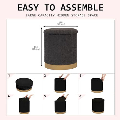 Round Storage Ottoman with Reversible Tray Top, 16.3" Boucle Ottoman Footrest Stool with Metal Base, Upholstered Vanity Stool with Storage for Living Room Bedroom, Dark Grey - color: Teddy-darkgrey