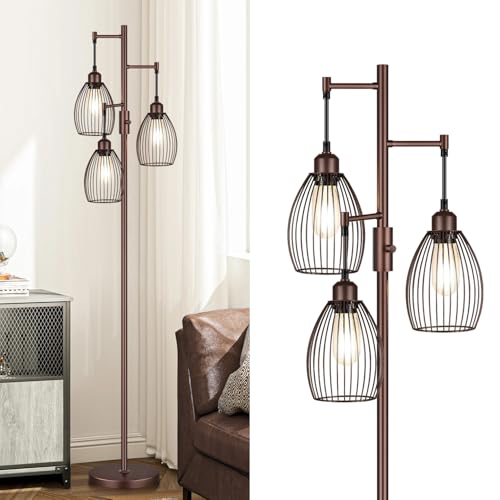 Torondo Dimmable Farmhouse Industrial Floor Lamp, Matte Brown Tree Standing Tall Lamps with 3 Elegant Teardrop Cage Head & 800 Lumens LED Edison Bulbs for Living Room Bedroom Office Dining Room - color: Matte Brown-70 inches