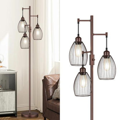 Torondo Dimmable Farmhouse Industrial Floor Lamp, Matte Brown Tree Standing Tall Lamps with 3 Elegant Teardrop Cage Head & 800 Lumens LED Edison Bulbs for Living Room Bedroom Office Dining Room - color: Matte Brown-70 inches