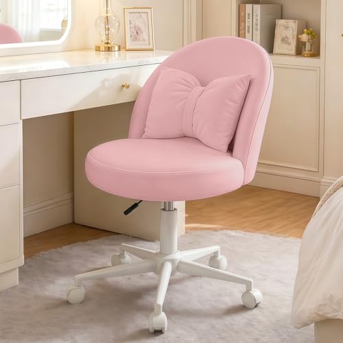Desk Chair with Soft Cushion, Adjustable Height Armless Office Chair Upholstered Makeup Vanity Chair, Swivel Accent Chair for Living Room, Bedroom, Study, Home Office - color: Solid Pink