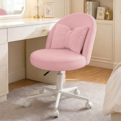 Desk Chair with Soft Cushion, Adjustable Height Armless Office Chair Upholstered Makeup Vanity Chair, Swivel Accent Chair for Living Room, Bedroom, Study, Home Office - color: Solid Pink