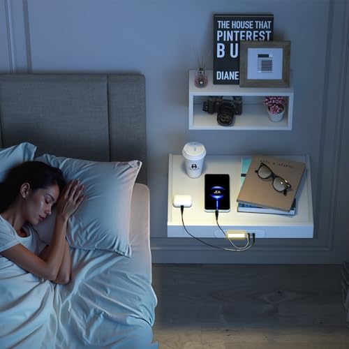 TEAMIX Floating Nightstand with Charging Station, Wall Mounted Folding Bedside Shelf Combo Wood Nightstand with Led Light USB Type C Ports, Bed Side Storage Tray Caddy for Bedroom, Living Room, Dorm - color: White, size: Upgraded