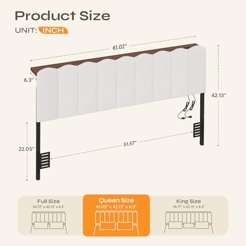 Queen LED Light Headboard with Storage Shelf, White | RGB LED 20 colors 21 modes, remote control, scalloped tufted, USB-A & Type-C ports, storage shelf, adjustable, foam padded - color: White, size: Queen