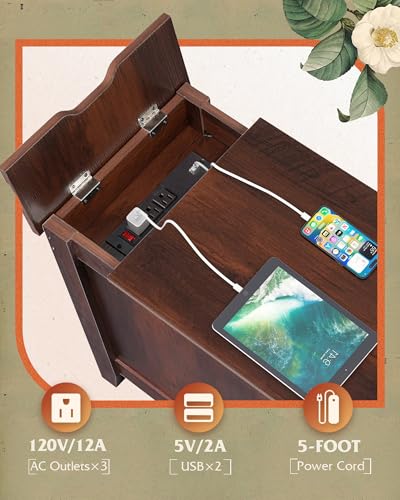 WLIVE End Table with Charging Station, Narrow Nightstand for Living Room, Farmhouse Night Stand with Storage, Small Wooden Cabinet Side Table with USB Ports and Outlets, 23.62"D x 13.78"W x 23.62"H - color: Espresso