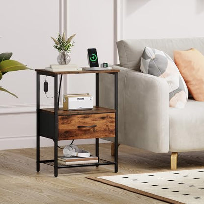 Somdot Nightstand with Charging Station & LED Light, Bedroom Bedside Table | Dorm, Guest Room, Kids Room, Laundry, Closet, Entryway and Hallway, Brown - color: Brown, size: 11.8"D x 15.7"W x 23.4"H (1 Drawers)