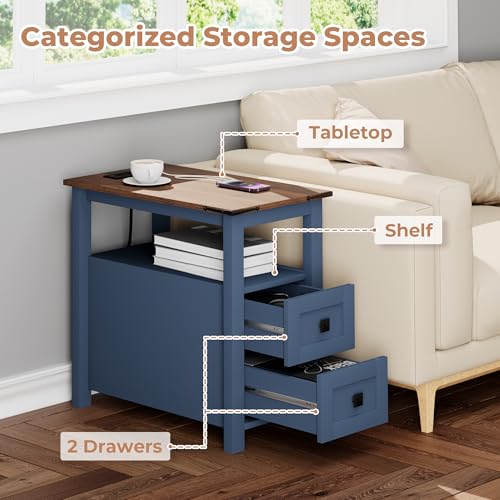 VVFLU Farmhouse End Table with Charging Station and 2 Storage Drawers, Blue Wood Nightstand Narrow, Skinny Side Table Rustic, Slim Bedside Table, Open Shelf, Small for Bedroom, Living Room, Sofa - color: Blue/Wood