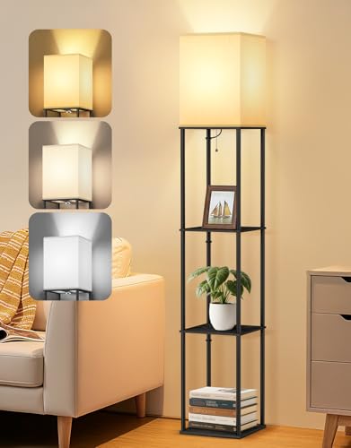 OUTON Floor Lamp with Shelves, Modern Square Standing Shelf Lamp, Black | 3 Color Temperature Bulb, Storage Display Wood Column Tall Bookshelf Lamp for Living Room, Bedroom Office - color: Black & Square