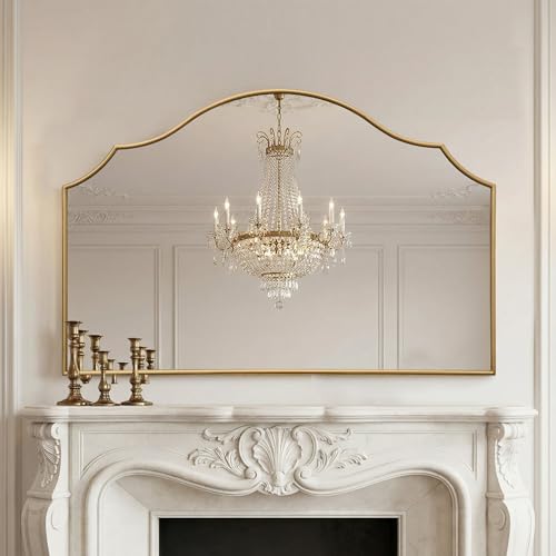 Besdomus Gold Scalloped Wall Mirror: 47"x31" Large Wooden Fireplace Mirror | Modern Minimalist Decorative Arched Mirror for Vanity/Dresser/Bedroom/Entryway/Bathroom/Living Room/Dining Room/Over Sink - color: Gold Leaf, size: 31"L x 47"W
