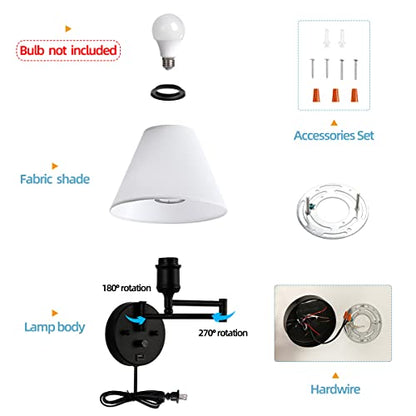 Swing Arm Wall Sconces, Plug-in Wall lamp,Bedroom Wall lamp ， White Fabric Shade，，with dimmable Switch and USB Charging Port, Suitable for Bedside, Living Room, Reading (Black) - color: Black