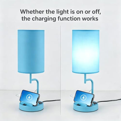 Dreamholder 2 Pack Table Lamp, Bedside Lamp with 3 USB Charging Ports & AC Outlet, USB Desk Lamp with 2 Phone Holders, Linen Fabric Shade Nightstand Lamps for Bedroom Living Room Office, Lake Blue - color: Lake Blue
