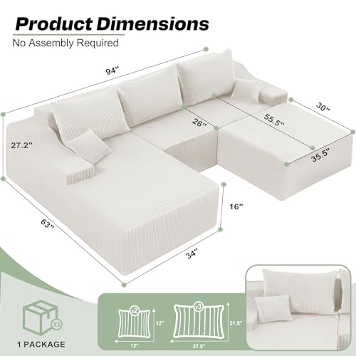 94“ U Shaped Modular Sectional Couch for Living Room, Modular Cloud Sofa with Ottoman, No Assembly Boneless Couches with Deep Seat, Corduroy Fabric (Beige, Left Facing) - color: Corduroy Beige, size: 94" U-Shaped Sofa-L