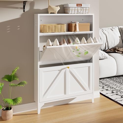 Silm Shoe Cabinet with 2 Flip Drawers,Hidden Shoe Storage Cabinet,Metal Freestanding Organizer,Narrow Shoe Cabinet Storage for Entryway,Hallway,Living Room(2 Door, White) - color: White, style: 2 door