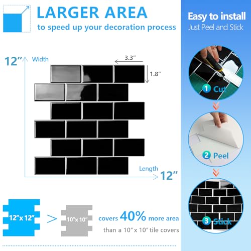 STICKGOO Subway Tile Peel and Stick Backsplash, Thicker Design 12" x 12" Stick on Backsplash Tiles for Kitchen, Bathroom, Wall Tile (10 Sheets, Black) - color: Black