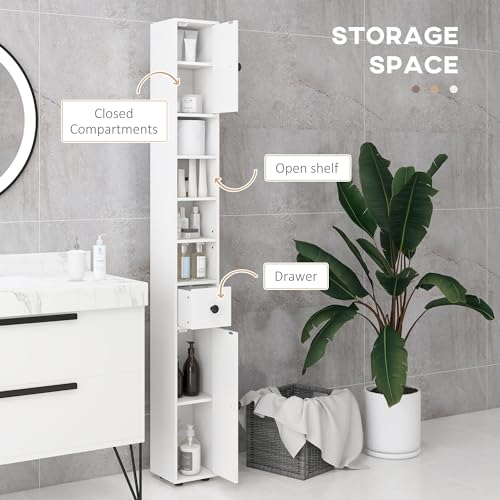 kleankin Narrow Tall Bathroom Storage Cabinet 71" Slim with Drawer White | Freestanding Bathroom Cabinet, Open Shelves, 2 Doors, Adjustable Shelves, Small Spaces
