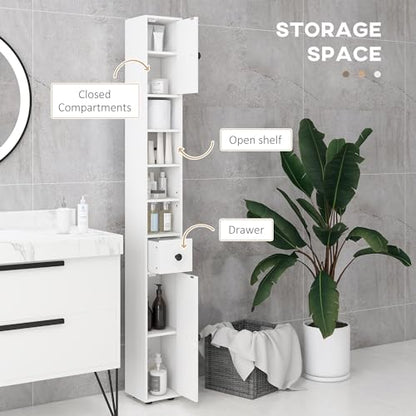 kleankin Narrow Tall Bathroom Storage Cabinet 71" Slim with Drawer White | Freestanding Bathroom Cabinet, Open Shelves, 2 Doors, Adjustable Shelves, Small Spaces