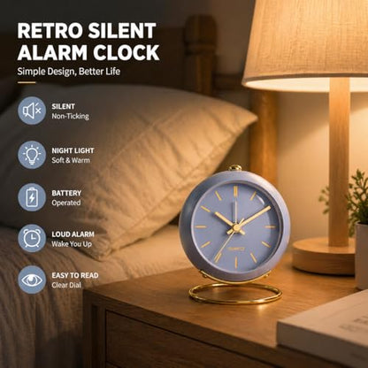 AYRELY® Battery Operated Analog Desk Alarm Clock with Light, Table Clock | Retro Aesthetic Clock with Silent Non-Ticking Movement for Bedside, Bedroom, Kitchen, Office, Travel & Kids' Room (Blue) - color: Blue