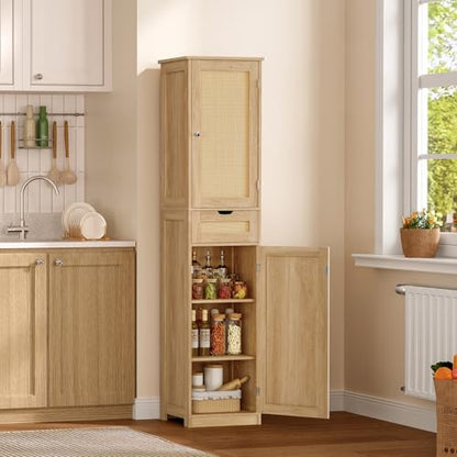 67" H Tall Storage Cabinet with 2 Rattan Doors and 1 Drawer, Narrow Rattan Cabinet with Adjustable Shelves, for Living Room, Entryway, Kitchen, Natural - color: Natural