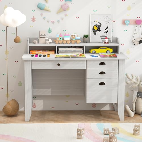 48" Computer Desk with 4 Storage Drawers and Hutch Wood Executive Table for PC Laptop