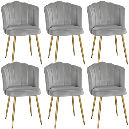 VECELO Velvet Dining Chairs Set of 6, Modern Upholstered Kitchen Chairs with Thick Cushions, Curved Padded Backrest and Metal Legs, for Kitchen, Dining Room, Living Room, Gray - color: Grey, size: Set of 6