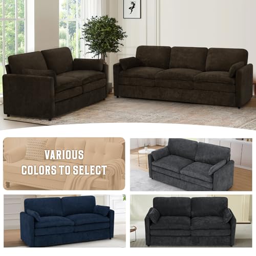 69" Chenille Soft Sofa w/Well-Filled Backrests, Brown | Modern Loveseat w/Plump Pillows, 2 Seater Upholstered Couch w/Thick & Comfy Cushions for Living Room, Bedroom - color: Brown, size: Loveseat