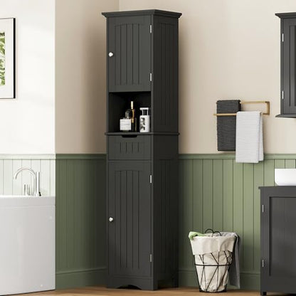 ChooChoo 67" Tall Bathroom Storage Cabinet, Narrow Bathroom Cabinet with 2 Doors and 1 Drawers, Freestanding Cupboard Floor Cabinet with Adjustable Shelves for Living Room, Kitchen, Black