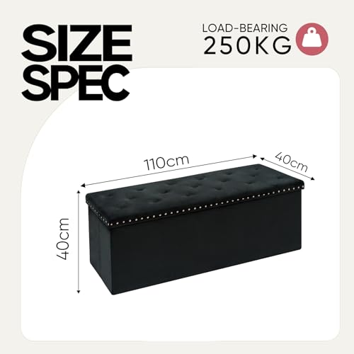 43 Inches Velvet Storage Ottoman Bench, Folding Upholstered Ottoman with Storage for Bedroom Living Room, 140L Capacity - color: Black