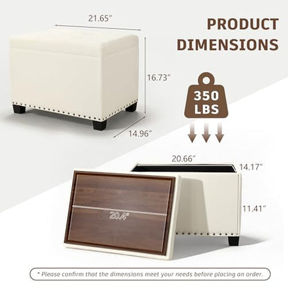 Homebeez Storage Ottoman with Tray Top, 22" Tufted Fabric Coffee Table with Storage, Foot Rest Ottoman with Nailhead Trim, for Living Room Bedroom, White - color: White Linen
