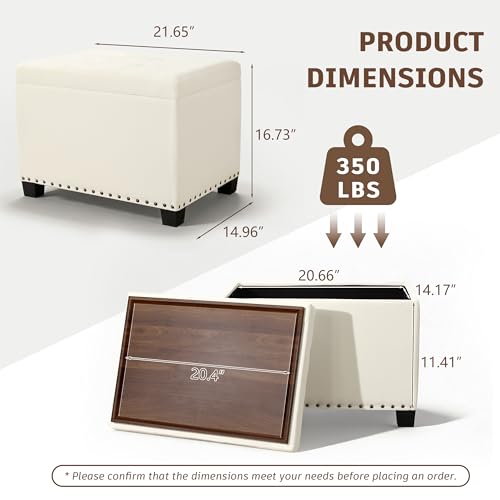 Homebeez Storage Ottoman with Tray Top, 22" Tufted Fabric Coffee Table with Storage, Foot Rest Ottoman with Nailhead Trim, for Living Room Bedroom, White - color: White Linen