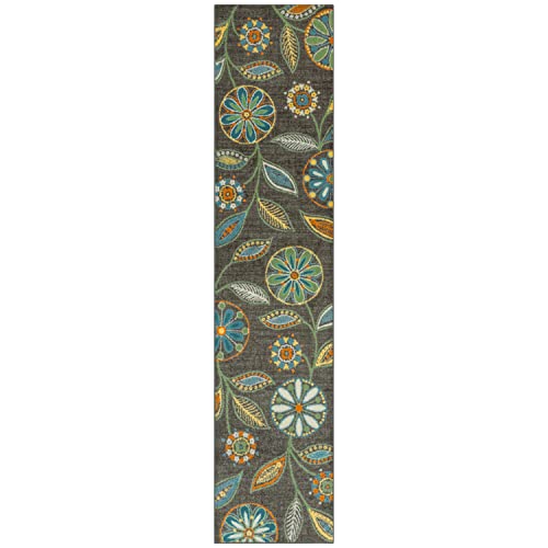 Maples Rugs Reggie Floral Runner Rug - Made in USA - Washable, Non Slip Indoor Carpet for Kitchen, Hallway, and Laundry Room, 2' x 9', Dark Grey - color: Dark Grey, size: 2' x 9' (Rectangular)