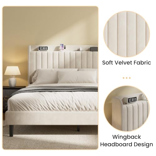 Queen Velvet Bed Frame with Storage Headboard & Charging Station | Vertical Channel Tufted, Mattress Non-slip Design, No Box Spring Needed, Noise-Free, Easy Assembly, Sturdy, Wingback - color: Beige, size: Queen