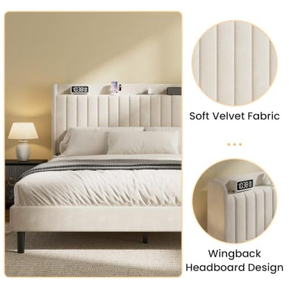 Queen Velvet Bed Frame with Storage Headboard & Charging Station | Vertical Channel Tufted, Mattress Non-slip Design, No Box Spring Needed, Noise-Free, Easy Assembly, Sturdy, Wingback - color: Beige, size: Queen