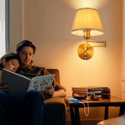 Plug-in Wall Sconce Swing Arm 1-Light Wall Mount Lamp with USB Charging Port Wall Sconce Lighting with Dimmable On Off Switch Gold Fabric Shade Brass Wall Lamp Light Fixture - color: Gold