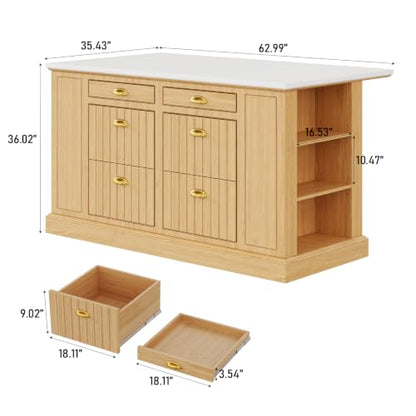 63" Kitchen Island with Storage, Farmhouse Stationary Island Table with 6 Drawers & Open Shelves, Heat-Resistant Countertop Storage Cabinet for Kitchen, Natural